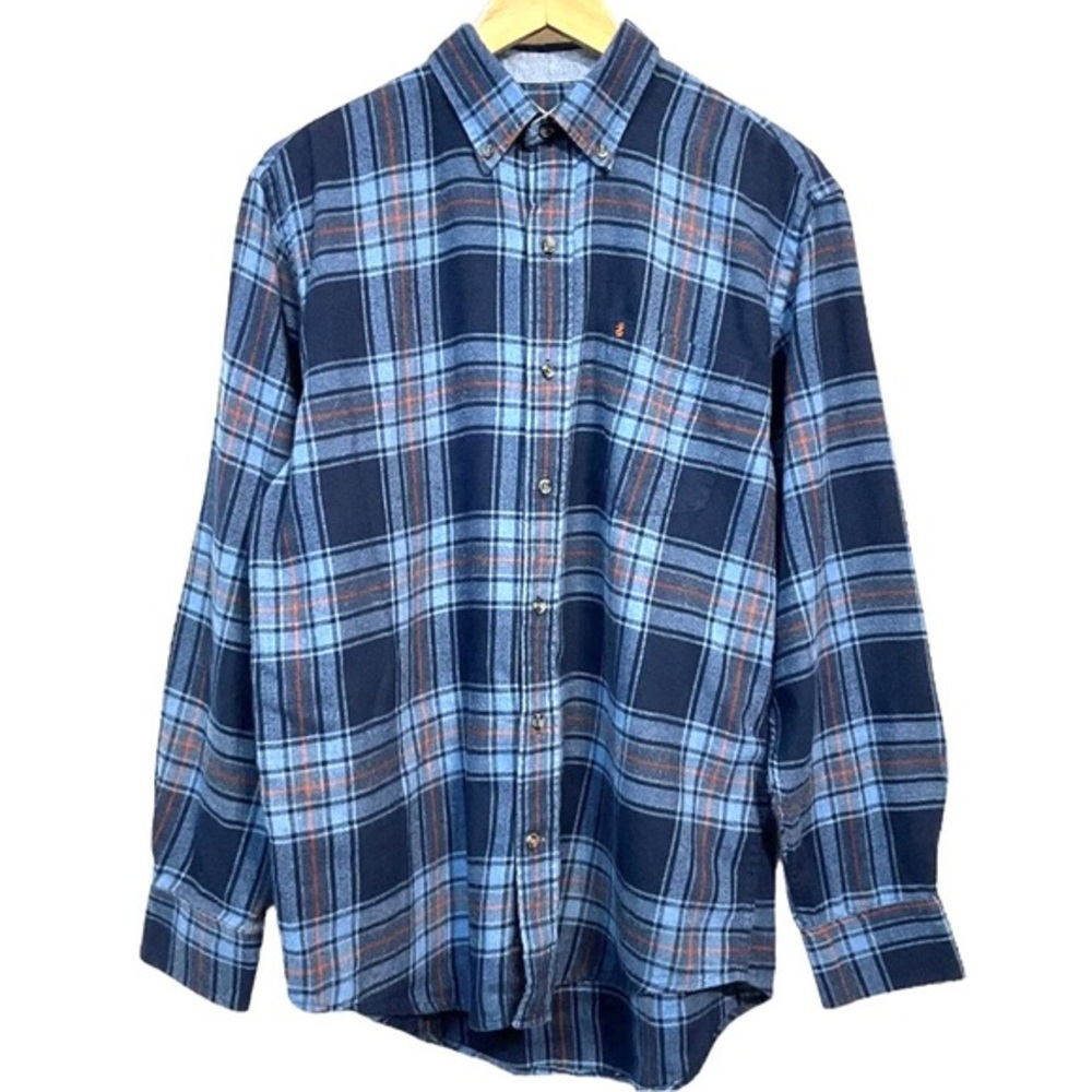 Izod sz L navy blue w orange accent plaid button down long sleeve flannel shirt